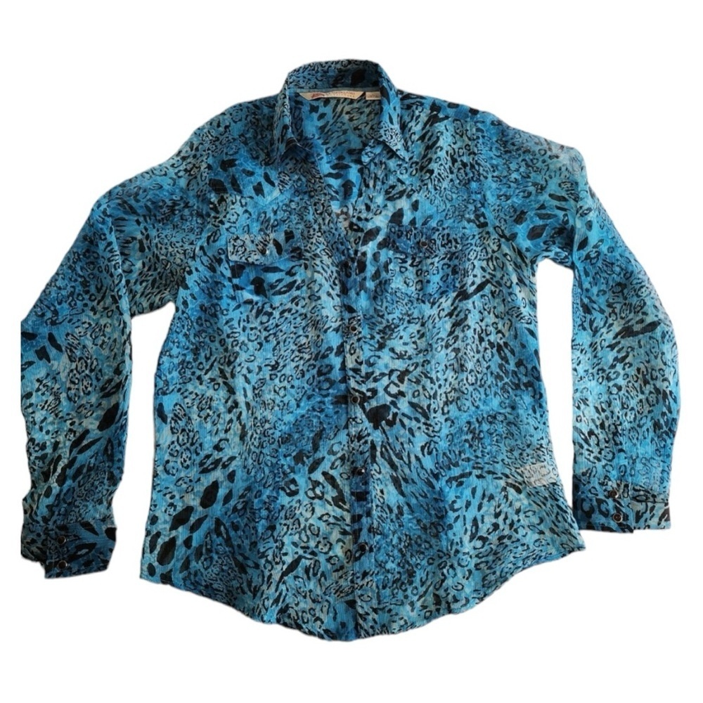Cumberland Outfitters Turquoise Blue Leopard Button Top Shirt Women’s Large